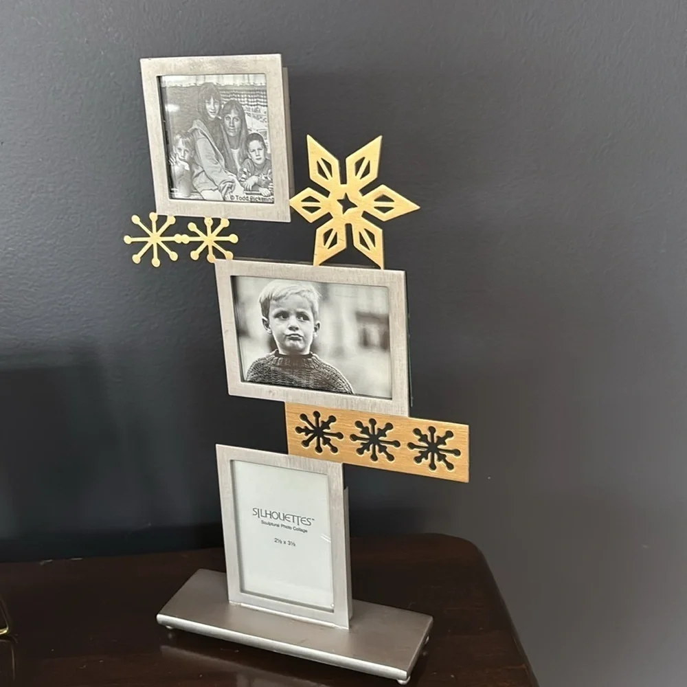 Silhouettes 3 Pictures Metal Snowflake Winter Picture Frames Silver Gold NWT
